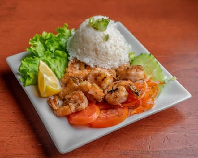 Steamed Rice w/ Charbroiled Shrimp.