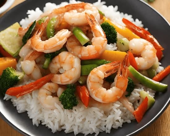 Steamed Rice w/ Stir Fried Shrimp & Veg..